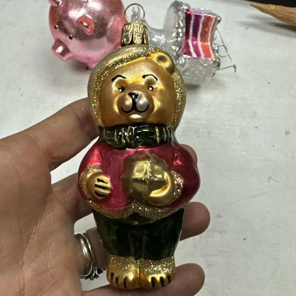 Lot of 3 Blown Glass Tree Ornaments Vtg‎ Christmas + Teddy Bear + Piggy + Cake
